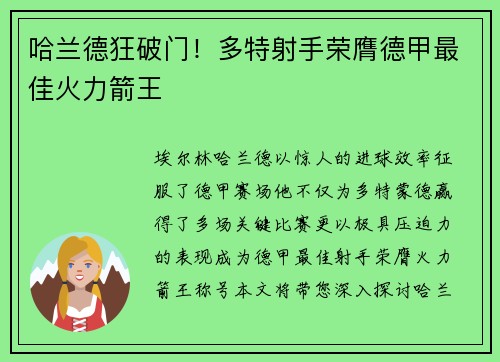哈兰德狂破门！多特射手荣膺德甲最佳火力箭王