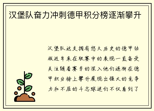汉堡队奋力冲刺德甲积分榜逐渐攀升