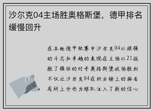 沙尔克04主场胜奥格斯堡，德甲排名缓慢回升